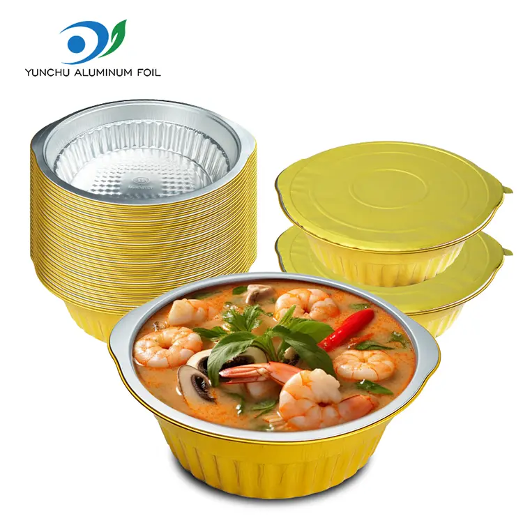 گلدان گرم یکبار مصرف ظروف فویل آلومینیومی گرد طلایی